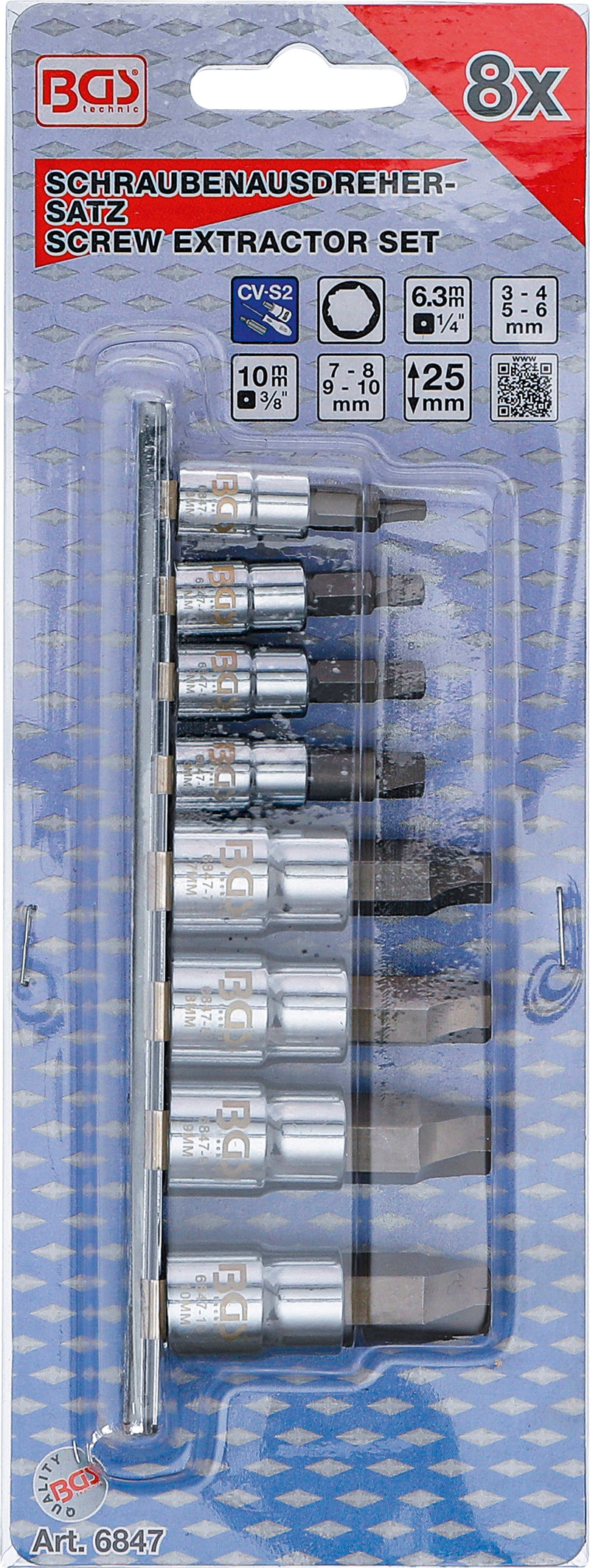 Skruvutdragare-sats | fäste 6,3 mm (1/4") / 10 mm (3/8") | för defekta insexskruvar 3–10 mm | 8 delar