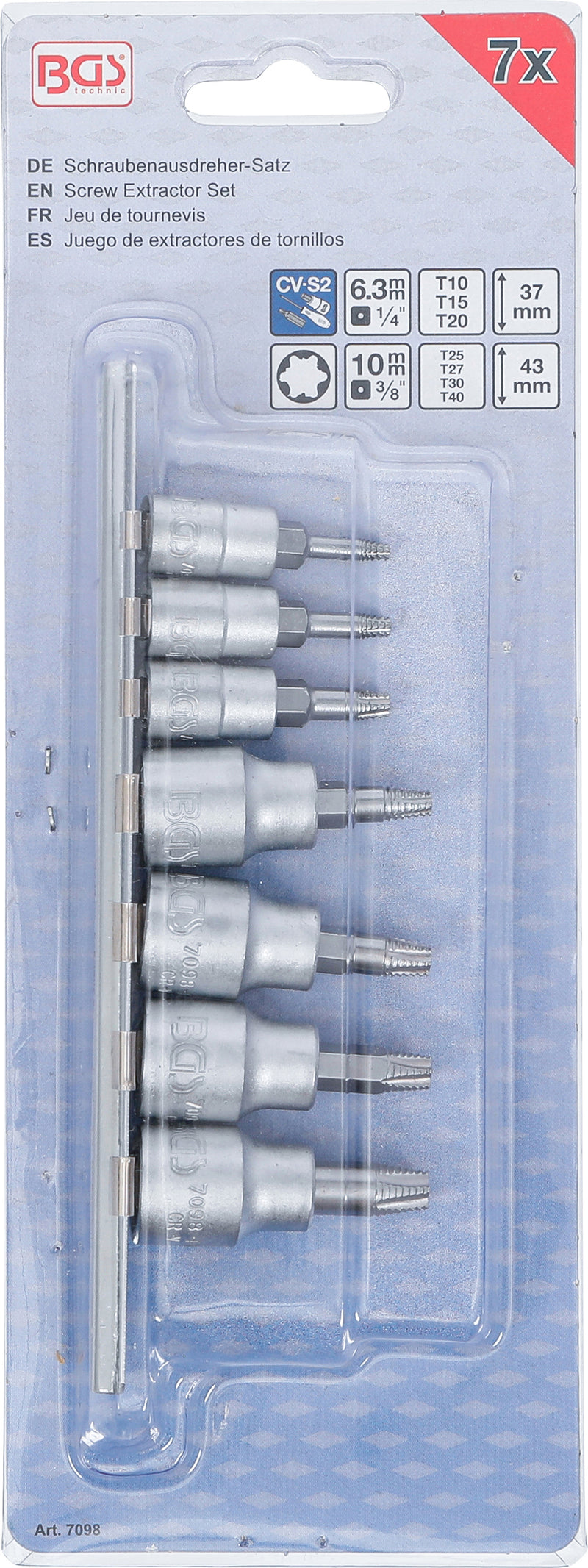 Skruvutdragare-sats | 6,3 mm (1/4") / 10 mm (3/8") | för defekt T-Profil (för Torx) | T10 - T40 | 7 delar