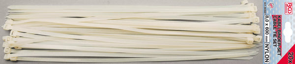Kabelbindere sortiment | hvid | 8,0 x 600 mm | 20 dele