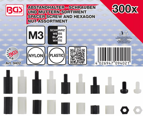 Distanshylsor-sortiment med muttrar och skruvar | Nylon | 300 delar